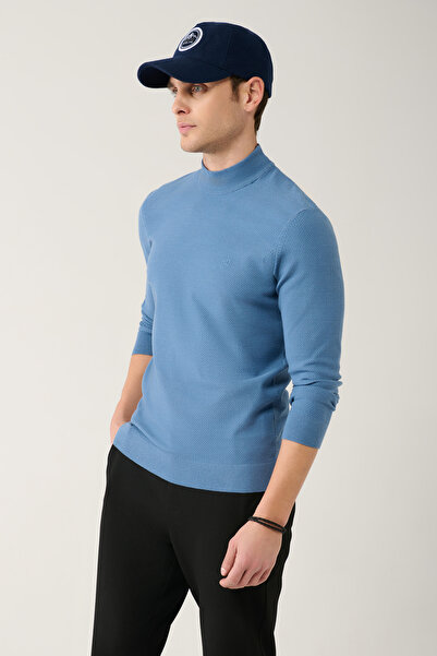 Avva Pulover pentru bărbați, albastru, pe jumătate, cu gât țesut, cu guler te...