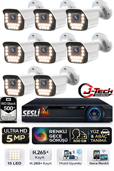 J-TECH 5MP Sesli 9090 iP Renkli Gece Görüşlü 8 Li 500GB Akıllı Güvenlik Kamer...