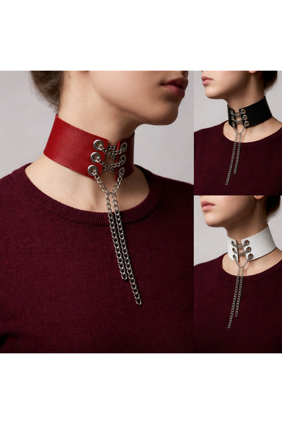 Zincirli Suni Deri Siyah Choker