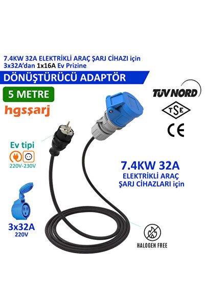 5 Metre, 3x32a 220v İle Çalışan Cihazınızı, 220v Ev Tipi Prize Bağlar. Elektrikli Araç