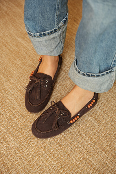 diclepolat Γυναικεία παπούτσια μοκασίνι σε καφέ καστόρι με φούντες και κορδόν...