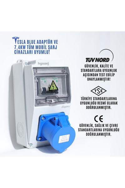 Genel Markalar "Medium All" 7,4kW Monofaze 3X32A Elektrikli Araç Şarj Cihazı Kombinasyon Kutusu Tesla Blue Uyumlu