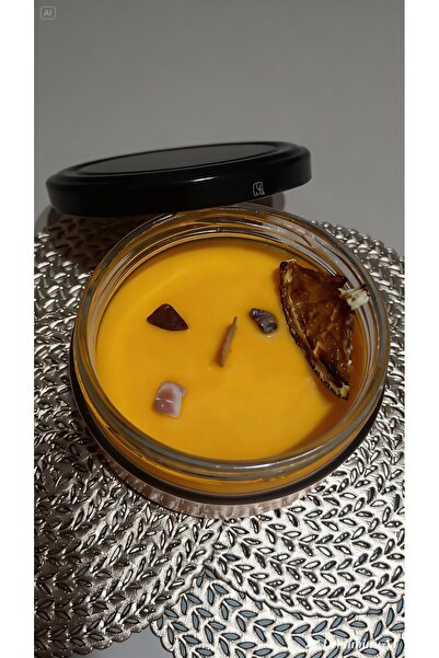 Shiny House Official El Yapımı Doğal Soya Mum – Sakral Çakra, Portakal & Ylang Ylang ,Turuncu Akik Taşlı
