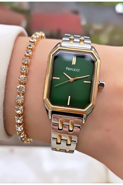 Ferrucci ساعة يد نسائية ذات علамة تجارية باللون الأصفر والفضي - هدية سوار