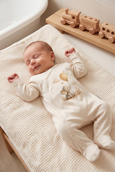 Overoz Baby Boy/Girl Romper with Booties, Elephant Printed Snap Fastener Ecru...