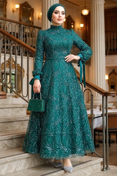 Neva Style - Βραδινό φόρεμα Hijab με παγιέτες και κεντημένο με σμαραγδένιο πρ...