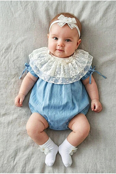 NoyNoy Baby طقم جمبسوت جينز بياقة دانتيل وجوارب داخلية للفتيات الصغيرات - طقم...