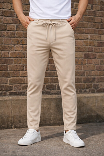 İLKCET MODA بنطلون رجالي كاجوال برباط من راهات كريم كريم ديلي