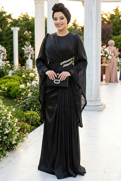 N.S NEVA STYLE - Μαύρο Φόρεμα Χιτζάμπ με Μανίκια Βολάν 5322S