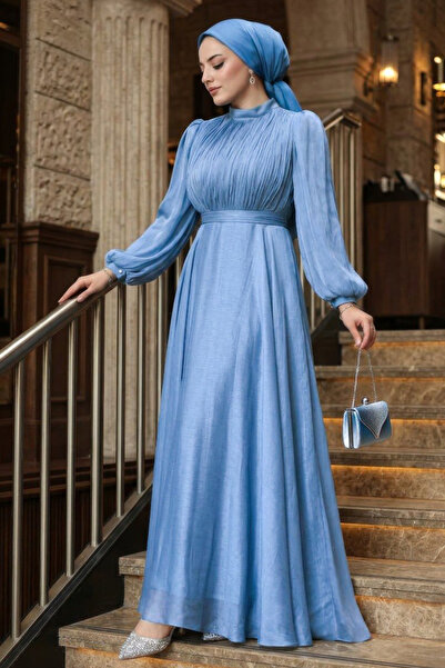 N.S NEVA STYLE Βραδινό φόρεμα με μπλε χιτζάμπ με ντραπέ 51072M