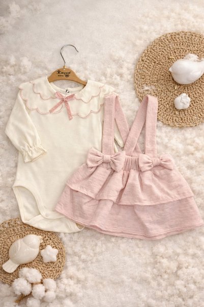 ASLİN STORE Flower Collar Detail Baby Girl 2-Piece Salopet Bow Set