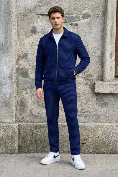 İLKCET MODA طقم سترة وبنطلون مخطط باللون الأزرق الداكن