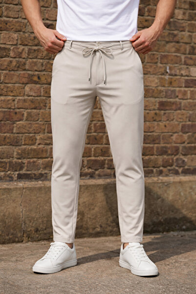 İLKCET MODA بنطلون رجالي مريح باللون الرمادي برباط يومي