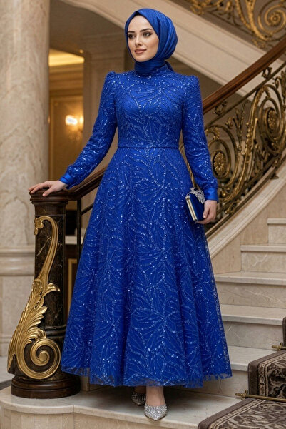Neva Style Βραδινό φόρεμα με παγιέτες με κεντητό Sax Blue Hijab 4908SX