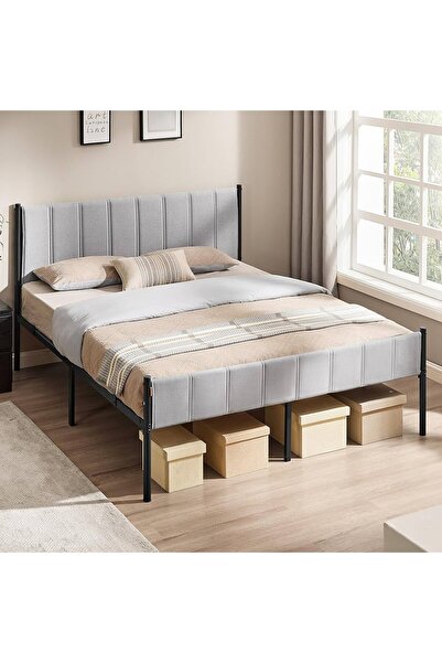 VASAGLE Bed 160x200 cm with Upholstered Headboard, Steel Frame, 500 kg Suppor...