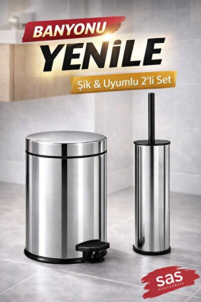 Sas Haus SAS Pedallı Banyo Çöp Kovası ve WC Fırçası Seti – Paslanmaz Görünüml...