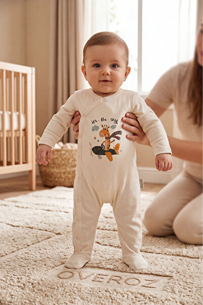 Overoz Baby Boy Booties Jumpsuit Pilot Giraffe Printed Snap Fastener Ecru Bod...
