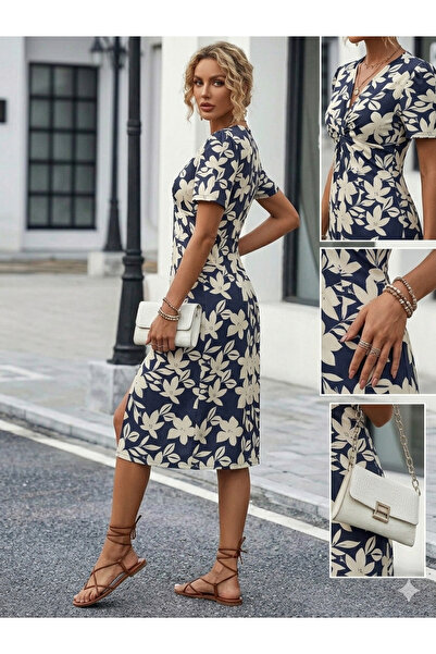 M&G PREMIUM BOUTIQUE Women's Floral Print V-Neck Slit Dress – Stylish Casual ...