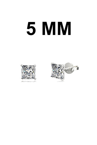 Silver Station 925 Ayar Gümüş 5 Mm Tektaş Küpe, Kare Tek Taş Gümüş Küpe