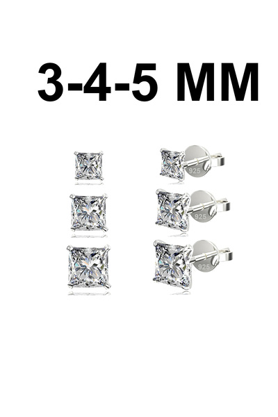 Silver Station 925 Ayar Gümüş Tektaş Küpe, Kare Taşlı Gümüş Set Küpe 3-4-5 Mm