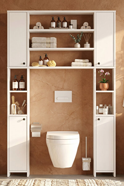 Yurudesign Lumo Çok Amaçlı Tuvalet Banyo Dolabı Kapaklı Raflı Beyaz LO1-W