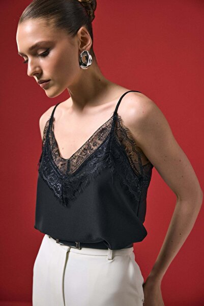 Sateen Bluză cu bretele cu dantelă - Negru