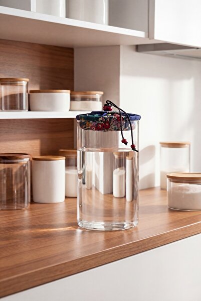 MAKRİ HOME برطمان زجاجي بوروسيليكات سعة 1000 مل مغطى بقماش أزرق داكن مع غطاء ...