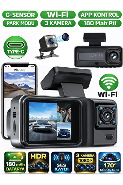 SONREİR SNR-38 Wi-Fi 3 Kameralı Araç içi Güvenlik Kamerası IR Gece Görüşü G-S...