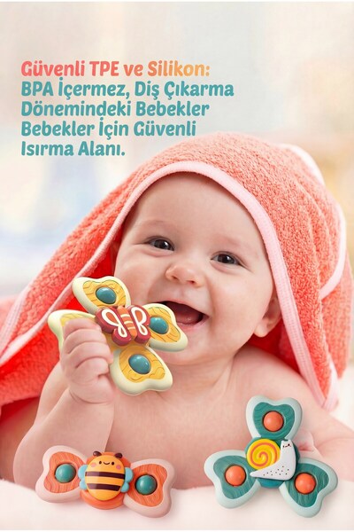 BBSKY Bebek Oyuncak 3’lü Hayvan Şekilli Vakumlu Döner Su ve Banyo Oyuncağı ABS Silikon Gelişim Oyuncağı