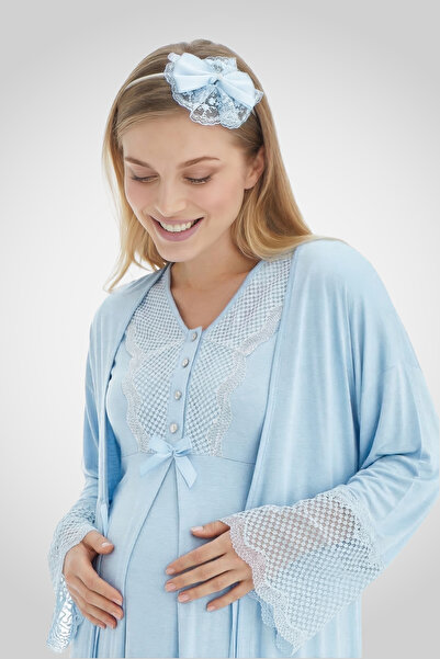 Lohussa Kadın Mavi Ozel Tasarım Dantelli Dugmeli Sabahlıklı Lohusa Hamile Sab...
