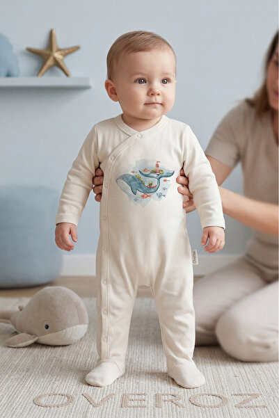 Overoz بدلة للأطفال الأولاد/البنات مزينة بطبعة الحوت مع أزرار كبس، لون إكرو 5025