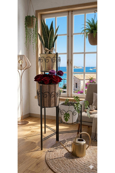 Lidya 3 Hazneli Metal Bitki Standı / Çiçeklik - 18 cm Saksı Uyumlu - Siyah