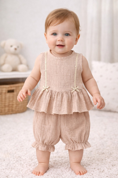 My Babies Label طقم موسلين للفتيات الصغيرات - بلوزة مزينة بكشكشة وشورت سفلي، ...