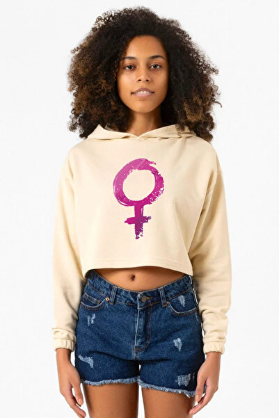 Tshirthane Purple Venus Symbol Bej Crop Hoodie pentru femei