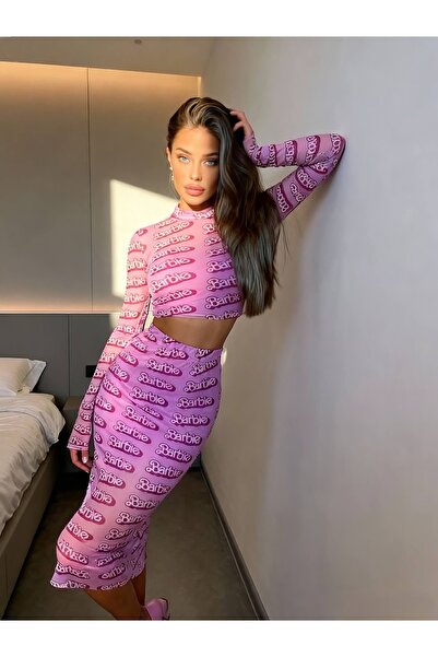 hipnoz butik Women's Tulle Fabric Midi Skirt Blouse Set