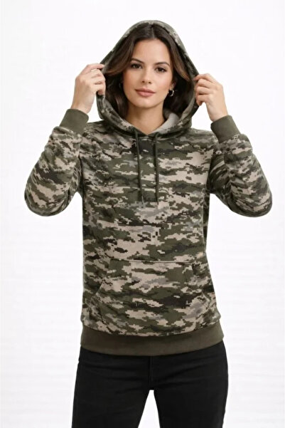 Butik Camouflage Patterned 2 Thread 4 Season Hooded Kangaroo Pocket Hoodie Sw...