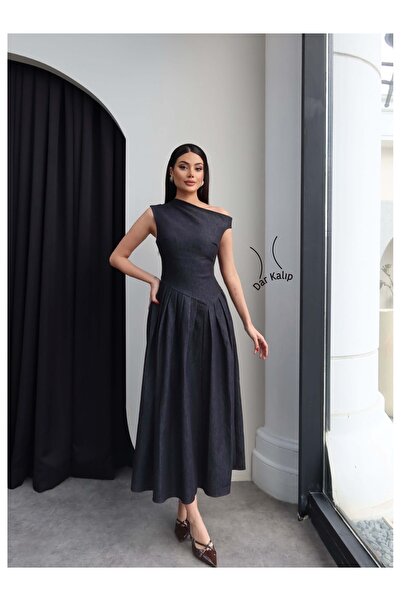 ESRAHELVACI فستان بياقة كاياك بثنيات دنيم