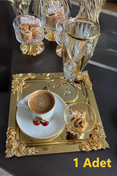 LOKMAN ZÜCCACİYE 1 Adet Komple Gold 18/10 Gül Motifli Çelik Kahve Sunum Tepsi...