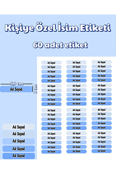 Studio D arte DIY KIT 60 Adet Mavi Tonlarında Kişiye Özel Okul İsim Etiketi S...
