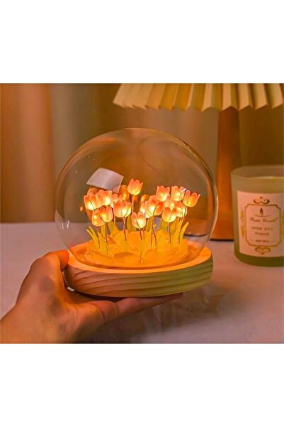 Genel Markalar Fanus İçinde Lale Bahçesi Tasarımlı Ledli Masa ve Gece Lambası