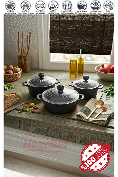 HASCHEF Elmas Döküm Titanyum Kaplama Yanmaz Yapışmaz 6 Parça Set