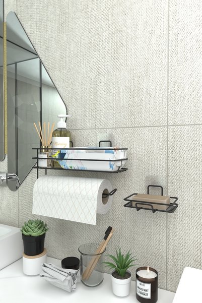 zabata Adhesive Bathroom Shelf Paper Towel Holder And Metal Soap Dish Set Organizer