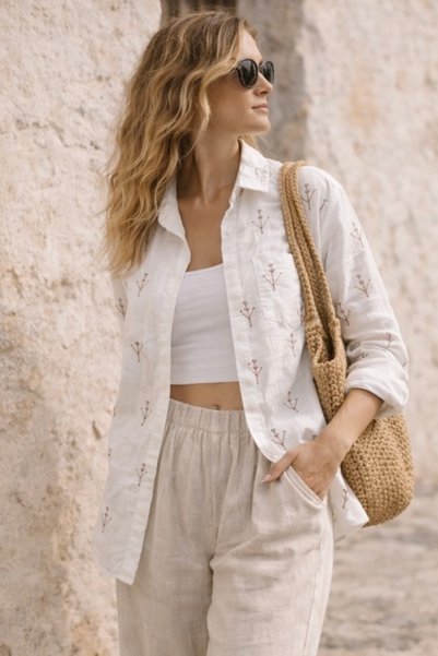 bb butik basic Cămașă albă cu textură din in brodat pentru femei - Cămașă lejeră 100% bumbac TR0935