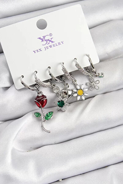 Skygo أقراط نحاسية من حجر الزركون والورد والبابونج موديل فضي اللون مكونة من 3...