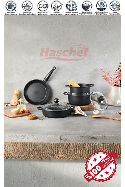HASCHEF Elmas Döküm Yapışmaz Koku Tutmaz Titanyum Kaplama 7 Parça Set
