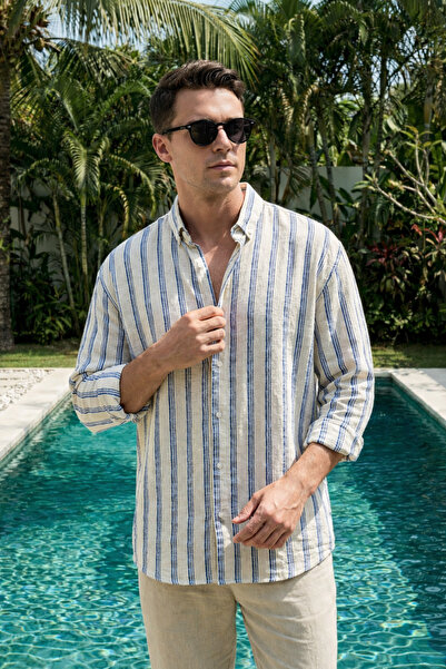 İLKCET MODA Blue Striped Long Sleeve Men's Linen Shirt