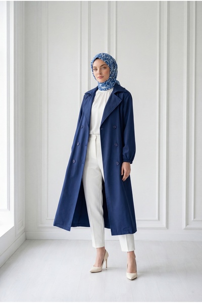 BENAHOLL Doredra Kol Lastikli Düğmeli Uzun Trençkot-EK174 Lacivert