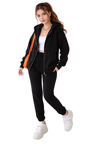 K&S Σετ γυναικεία φόρμα με κουκούλα με πλήρες φερμουάρ Χοντρό χειμερινό oversize