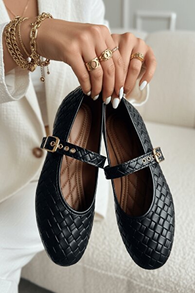 DİVOLYA Stap Braided Black (2 cm) Oval Toe Daily Use Ballerinas