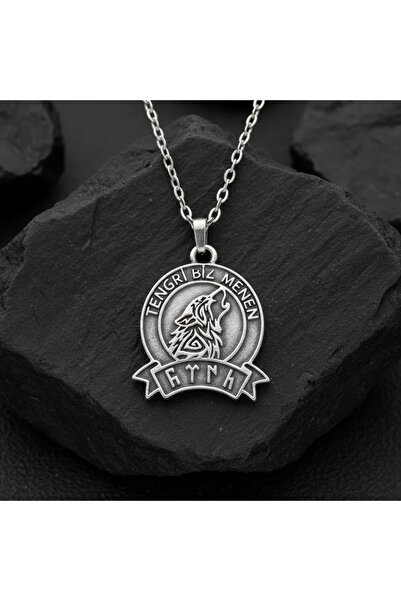 Alooya Tengri Biz Menen Göktürkçe Gümüş Kaplama Düz Zincir Kolye